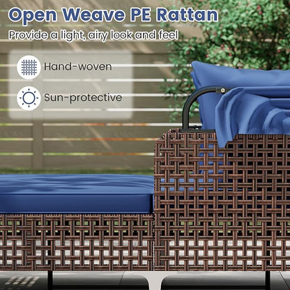 HAPPYGRILL Outdoor Daybed with Retractable Canopy, PE Wicker Rattan Patio Double Chaise Lounger with Cushions, Outside Sunbed Furniture for Garden, Poolside and Backyard (Navy)