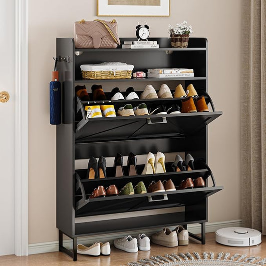 Shoe Storage Cabinet with 2 Flip Drawers, Narrow Wood Shoe Cabinet Storage for Entryway with Metal Legs & Hooks, Adjustable Shelves, Freestanding Shoe Rack Organizer for Foyer, Hallway, Black