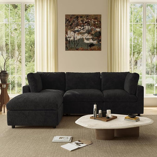 WJShome Modular Sectional Cloud Couch Modern L Shaped Sofa with Ottoman, 100 Inch 3-Seat Chenille Deep Seat Couches for Living Room, Bedroom and Apartment，Black