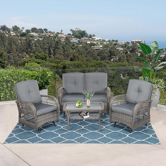 VIVIJASON 4-Piece Outdoor Patio Wicker Conversation Sets, All Weather Outdoor Rattan Furniture Set Includes Glider Loveseat, Coffee Table, 2 Glider Rocker Chairs w/Cushion for Lawn Balcony, Grey