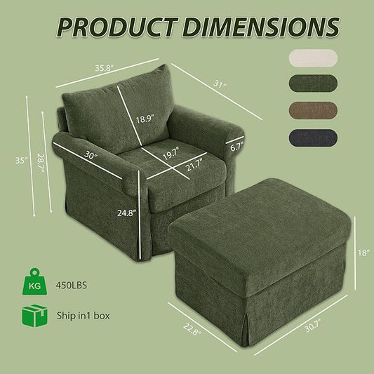 Modern Accent Chairs with Ottoman Set, Comfy Chenille Reading Armchair with Rolled Arms and Cushion Backrest, 35.8" W Chaise Lounge Chair for Living Room, Bedroom, Study, Apartment, Green