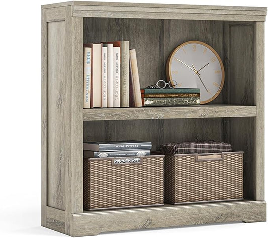 LINSY HOME 2-Tier Bookcase and Bookshelf, Small Wood Display Storage Shelves Farmhouse Bookshelf for Home Office, Living Room, Bed Room - Light Brown