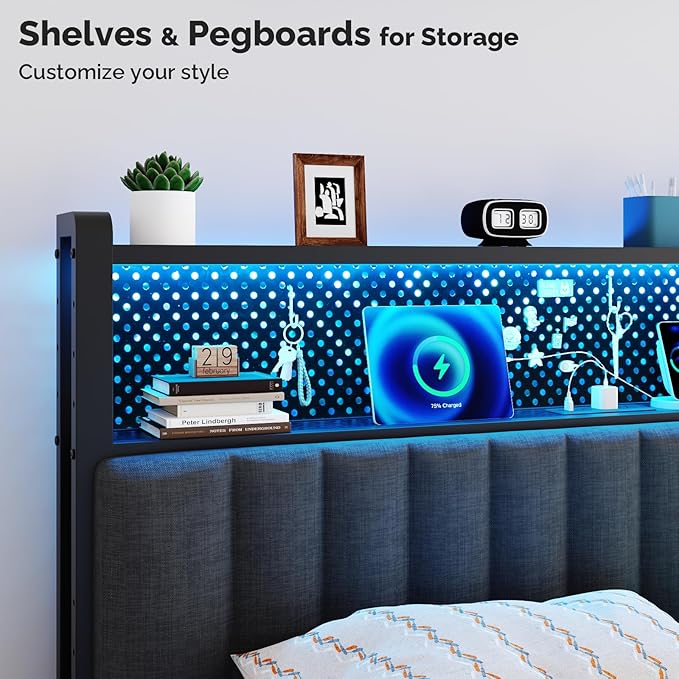VINGLI Twin or Twin XL Size Headboard, Adjustable Upholstered Headboard with 2 Tier Shelves and Pegboard with Charging Stations and LED Lights, Modern Bed Headboard with Storage for Bedroom Decor