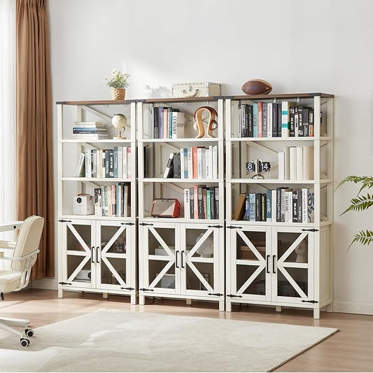 5 Tier Bookshelf 70" Tall Bookcase with Barn Doors,Large Farmhouse Display Book Shelf with Adjustable Shelves and Storage Cabinet，Library Wood Bookshelves for Living Room,Kitchen,White(3PCS)