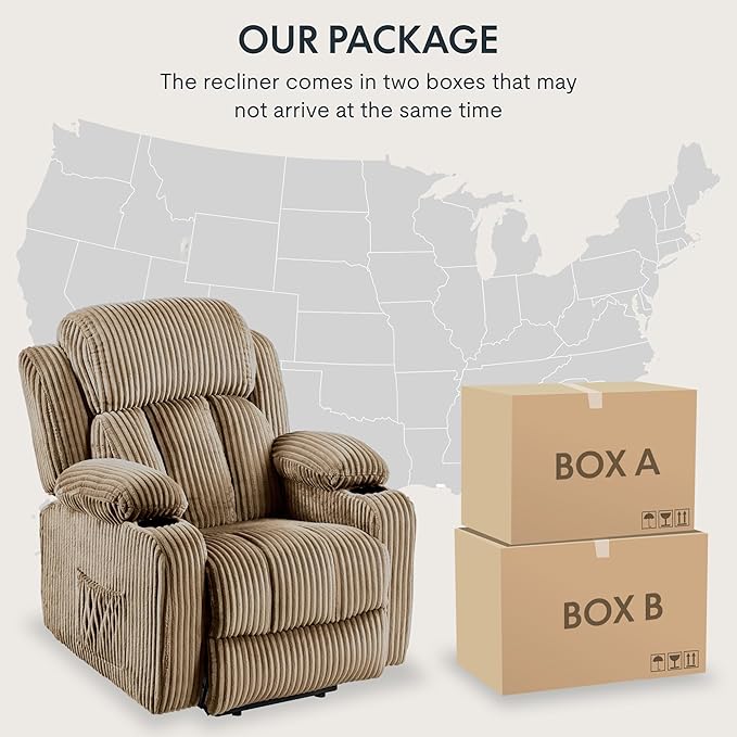 FLEXISPOT XL31 Power Lift Recliner Chair for Elderly, Electric Lift Chair with Massage & Heat, Corduroy Reclining Sofa w/Cup Holders, Side Pockets for Living Room Bedroom(Medium Size,Khaki)