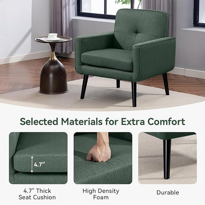 Mid Century Accent Chair, Fabric Modern Chair with Wooden Frame, Cozy Armchair Reading Chair with Comfy Back for Apartment, Living Room, Bedroom, Waiting Room, Small Space, Corner, Green