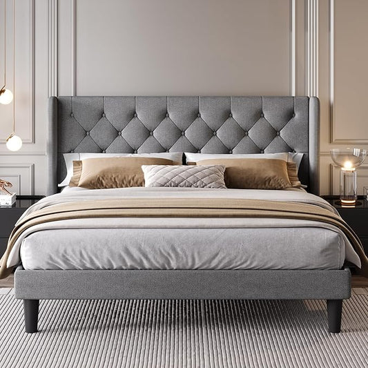 SHA CERLIN King Size Upholstered Platform Bed Frame with Wingback Headboard, Tufted Linen Fabric, Wooden Slats Support, Easy Assembly, Light Grey