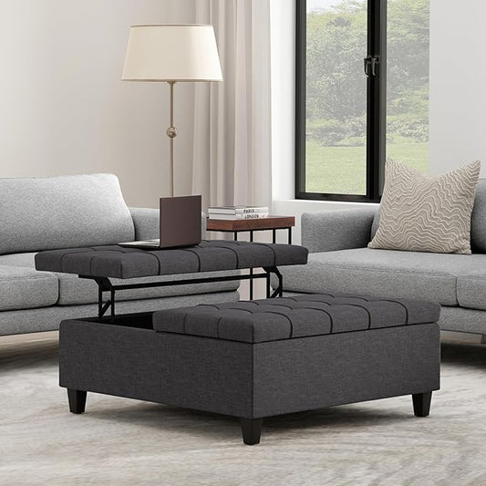 SIMPLIHOME Harrison Large Coffee Table Storage Ottoman - 40 inch Wide Upholstered Linen Look Fabric Square Lift-Top Ottoman in Slate Grey, Transitional Bench for Living Room with Sturdy Base