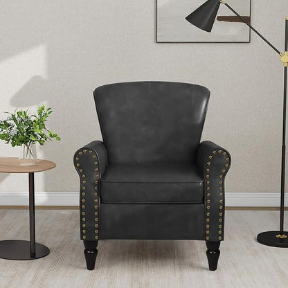 Accent Chair, Mid Century Modern Faux Leather Arm Chair with Wood Leg for Living Room, Bedroom, Comfy PU Leather Club Reading Chairs with Wingback & Nailhead Trim (Leather Black Grey, Set of 1)