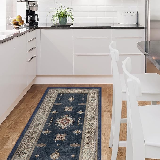RUGGABLE Washable Vintage Runner Rug – Verena Sapphire 2.5x10, Stain-Resistant, Non-Slip Hallway Runner – Machine Washable Rug for Hallway, Entryway, Living Room & Kitchen–with Cushioned Pad