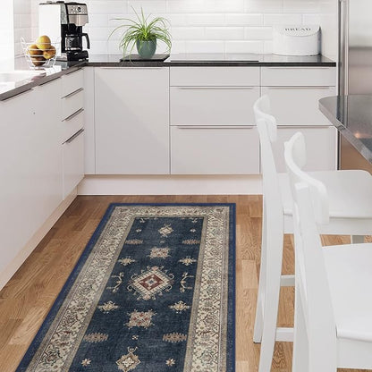 RUGGABLE Washable Vintage Area Rug – Verena Sapphire 3x5, Stain-Resistant, Non-Slip – Small Machine Washable Rugs for Living Room, Bedroom, Hallway, Entryway & Office–with Standard Pad