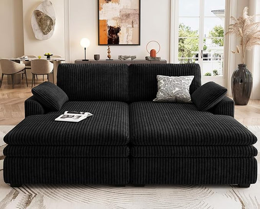Belffin Large Modular Sectional Sofa with Deep Chaise, 73.6" Corduroy L Shaped Couch with 9" Soft Dual-Layer Seats Cushion for Living Room, Apartment, Black