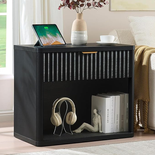 LEYAOYAO 31" Wide Fluted Nightstand with Charging Station, Oversized Extra Large 1 Drawer Night Stand with Golden Handle, Black Wood Bedside Table Tall End Tables,for Bedroom, Living Room, Hallway