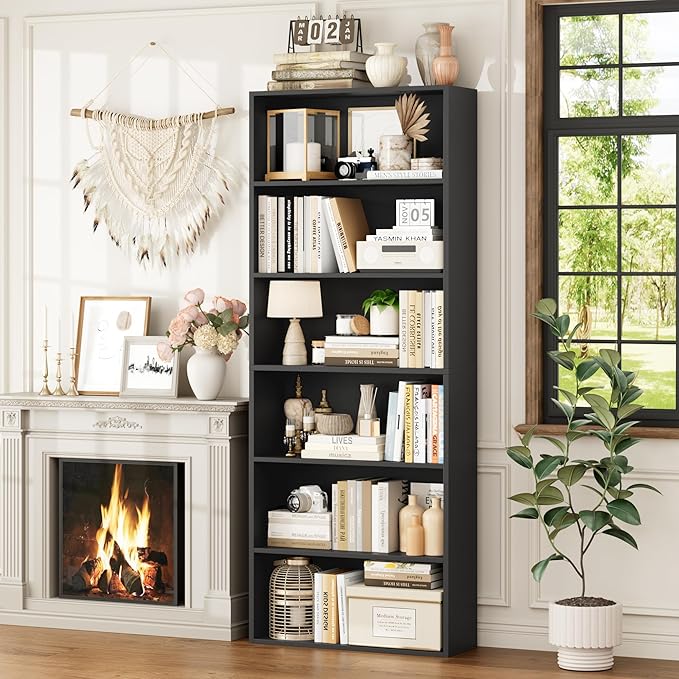 FOTOSOK 70.8" Tall Bookcase Shelf, 6 Tier Wide Bookshelf with Storage, Billy Bookcase Set of 2, Large Bookshelf for Living Room, Home Office, Black