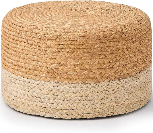 Wimarsbon Round Pouf Ottoman, Natural Hand Knitted Footrest Poof, Rustic Lounge Pouffe, Boho Pous Foot Stool, Accent Table or Seat (Natural Water Hyacinth + White Corn Husk, 17.7 * 17.7 * 9.84)