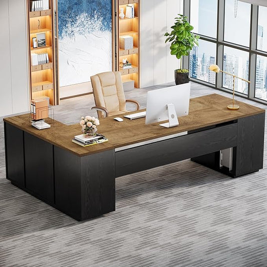 Tribesigns 85.8-Inch L-Shaped Executive Desk with File Drawers, Door Cabinet & Shelves, Extra Large Commercial Office Desk, Modern Professional Office Table, Business Furniture, Natural & Black