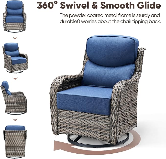 Swivel Patio Chairs Sofa Set of 4 with 6" Thick Cushion - Wicker Outdoor Swivel Rocker Patio Chair with Side Table, High Back Comfortable Outdoor Glider Chairs - Grey Wicker | Blue Cushions