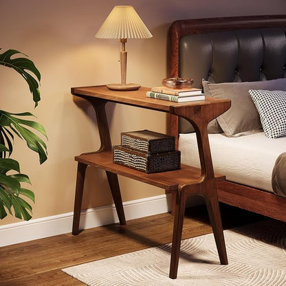 Tribesigns Set of 2 Wood End Table, Farmhouse Narrow Side Table with Storage Shelves, 2-Tier Slim Couch Side Table for Living Room, Long Bedside Table for Bedroom, Small Spaces, Rustic Brown