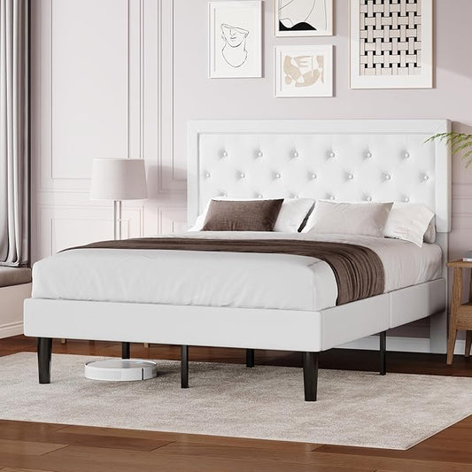 Allewie Full Size Velvet Upholstered Bed Frame with Adjustable Headboard, Diamond Tufted Design, Wood Slat Support, Noise-Free EVA Strip, Easy Assembly, White