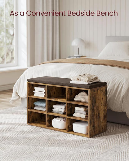 VASAGLE CUSTOS Collection - Shoe Bench, Storage Bench with Padded Seat, Entryway Bench with 9 Compartments, for Bedroom, 11.9 x 30.9 x 18.9 Inches, Rustic Brown and Chestnut Brown ULHS009B01
