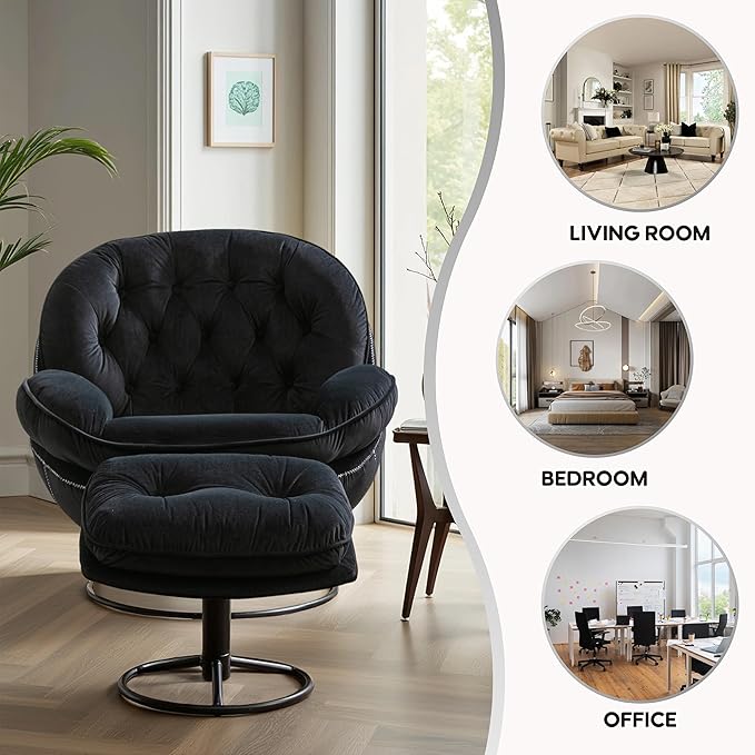 360° Swivel Modern Velvet Accent Chair with Ottoman | Mid-Century Button Tufted Lounge Chair for Living Room & Bedroom, Black