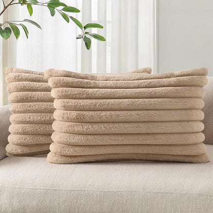 Pallene Faux Fur Plush Lumbar Throw Pillow Covers 12x20 Set of 2, Luxury Soft Fluffy Striped Decorative Pillow Covers for Sofa, Couch, Living Room, Khaki