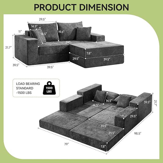 79" Boneless Cloud Loveseat Sofa Couch, Modular Foldable Floor Sofa with Ottoman, Chenille Lounge Convertible Sofa Bed for Living Room, No Assembly, Dark Grey