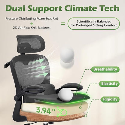 Office Chair Ergonomic Desk Chairs with Adjustable Lumbar Support& Headrest Hanger, High Back Breathable Mesh Chair with Wheels, Rolling Swivel Comfy Task Computer Chair for Home Work Gaming