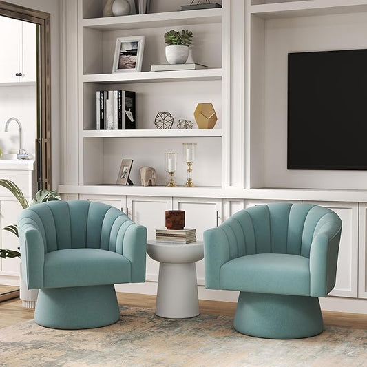 Swivel Accent Chair Set of 2, Upholstered Velvet 360° Swivel Barrel Chair for Living Room Overstuffed Bouncle Reading Chair Round Armchair for Bedroom,Vanity,Office (Blue)