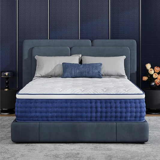 King Size Mattress, 14 Inch Hybrid King Size, Medium Feel Foam and Individual Pocket Springs, Fiberglass Free Bed Mattress, Extra Edge Support, Pressure Relief, CertiPUR-US, Blue