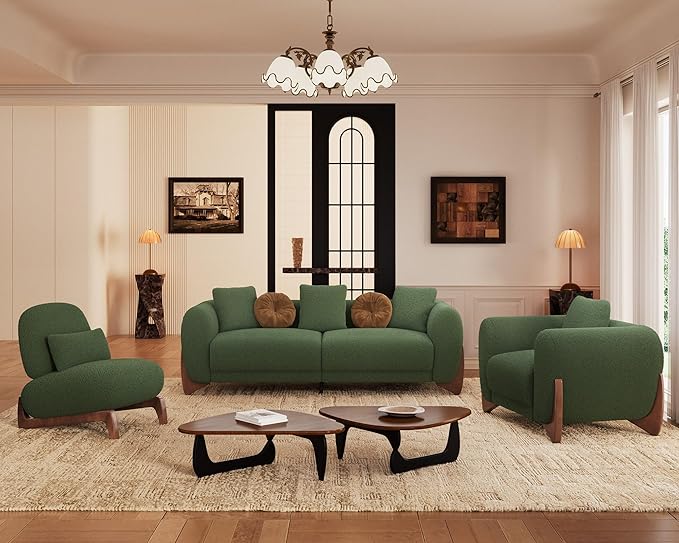 Morden Fort 3 Piece Cloud Couch Set, Modern Sherpa Boucle Sofa Set Skin-Friendly, Minimalist Upholstered Comfy Couches Sofas for Living Room, Armless Chair & Arm Chair & 3-Seater Sofa, Green