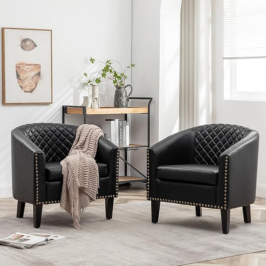 KINWELL 29" W Faux Leather Barrel Chairs Set of 2, Modern PU Upholstered Tufted Club Chairs with Nailhead Trim, Small Armchairs Accent Chairs for Living Room Bedroom Apartment Lounge Nursery, Black