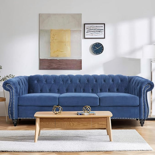 Home Sofa Living Room Furniture, 3 Seater 84" Velvet Upholstered Couch, Mid Century Modern Comfy Couch with Cushions, Classic Tufted Chesterfield Couches for Bedroom, Office, Apartment (Blue)