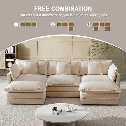 Modular Sectional Sofa, 111.5 Inch U-Shaped Cloud Sofa with Deep Seat Chenille Sofa with Cushions, Three-Self Sectional Sofa for Living Room Apartment,Light Coffee