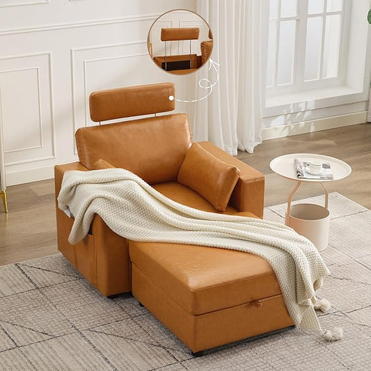 41.1" Accent Storage Sofa Chair with Ottoman, Faux Leather Living Room Chaise Lounge Chair with Headrest & Side Pockets, Modern Upholstered Comfy Arm Chairs, Sleeper Sofa, Reading Club Chairs, Brown