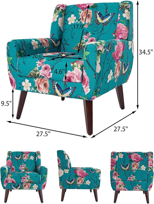 Accent Chair, Modern Linen Blend Arm Chair for Living Room, Bedroom, Comfy High-Resilient Sponge Reading Chair for Small Spaces (Pattern Floral Blue, Set of 1)