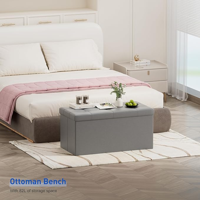 BRIAN & DANY 30 Inches Storage Ottoman Bench, Faux Leather Ottoman with Storage, Folding Bench Shoe, Foot Rest Stool, for Living Room, Gray