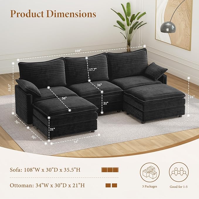 Vesgantti 108" U Shaped Sectional Couch, Comfy Cloud Modular Sectional Sofa with 2 Ottoman Deep Seat Corduroy Modern Cloud Sofa, Modular Sofas for Living Room, Bedroom and Apartment, Gray