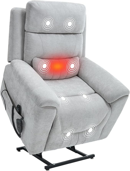 PELUMY Power Lift Recliner Chair for Elderly with Massage and Heat, Dual Motor Heavy Duty 350lbs Recliner, 8-Point Vibration & Lumbar Heating, Electric Lift Chair (Chenille, Light Grey)