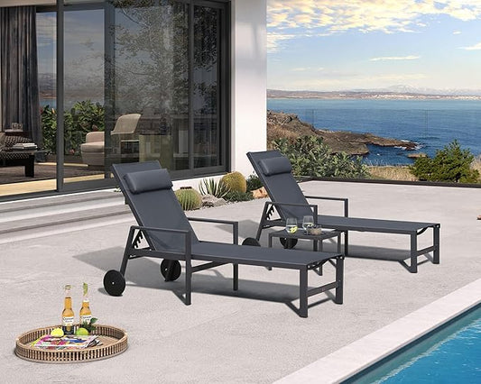 PURPLE LEAF Patio Lounge Chair Set of 3 Outdoor Chaise Lounger Aluminum Frame with Armrest Side Table and Wheels for Pool Outside Sunbathing Tanning Recliner Including Pillows Gray