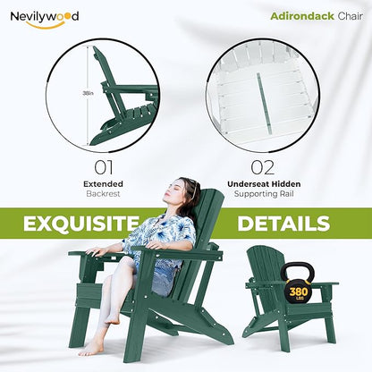 nevilywood Folding Adirondack Chair with Cup Holder Set of 4, HDPE Patio Chairs,All-Weather Outdoor Chairs for Backyard, Deck,Fire Pit-Green