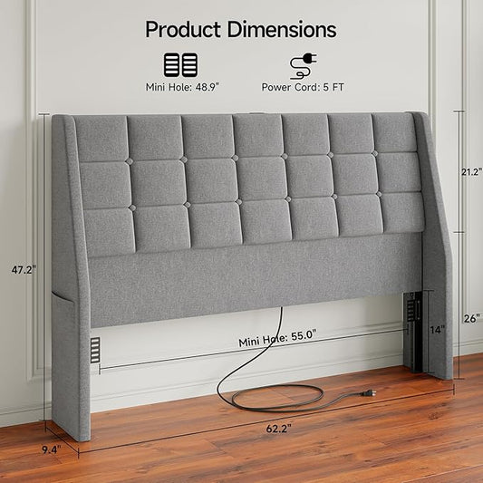 Queen Size Headboard with Charging Station, Ergonomic Upholstered Linen Headboards Only, Wingback Wood Bed Head Board with Storage Pocket, Bed Frame Adapters, Light Grey