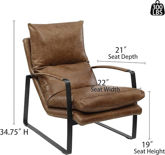 Art Leon Set of 2 Genuine Leather Accent Chairs for Living Room, Mid Century Modern Lounge Chair Living Room Sofa Chair with Black Metal Frame, Brown