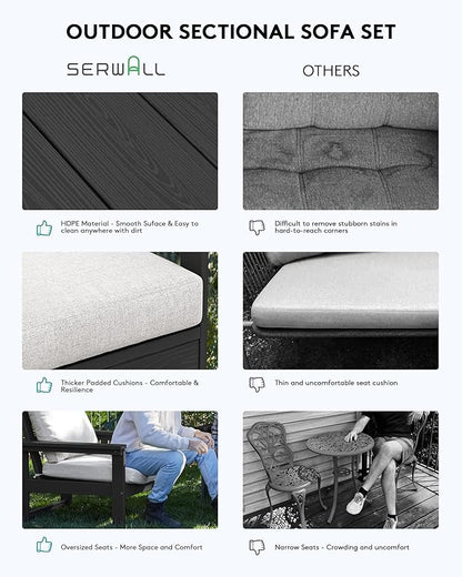 SERWALL HDPE Patio Sofa Set, 3-Piece Sectional Outdoor Furniture Set, All Weather Outdoor Couch Set Patio Furniture Set for Deck, Lawn, Black Frame with Khaki Cushion
