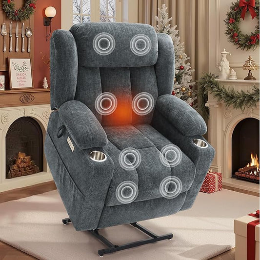 Large Power Lift Recliner Chair, Heavy Duty Steel Mechanism Chenille Fabric High-Density Sponge, USB & Type-C Port Standing Assistance Blue Reclining Chair with Massage and Heat