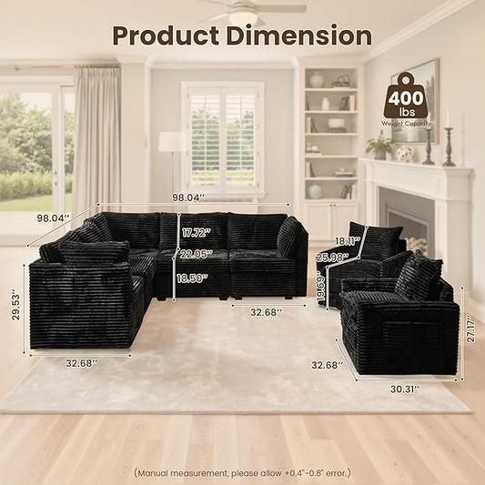 98" Modular Sofa with Swivel Chairs, Modern L Shape Cloud Sectional Couch Plush Corduroy 5 Seater Deep Seat Sofas Set & Accent Armchair Set of 2 for Living Room, Black