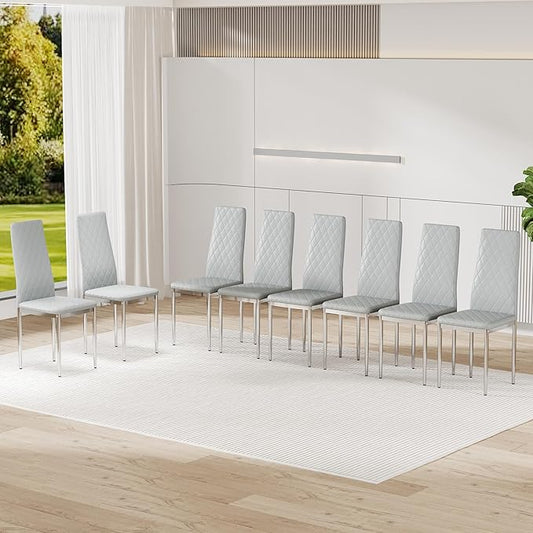 JT Modern Minimalist Dining Chair Fireproof Leather Sprayed Metal Pipe Diamond Grid Pattern Restaurant Home Conference Chair Set of 4 Or 6 (8, Grey)