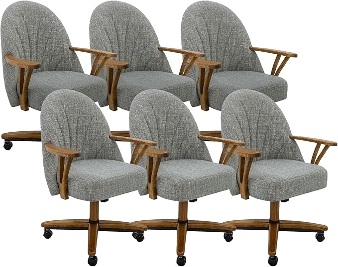 Chromcraft Set of 6 Swivel Tilt Chairs, Luxe Wooden Arm All-Metal Pedestal Base Chairs with Wheels for Kitchen
