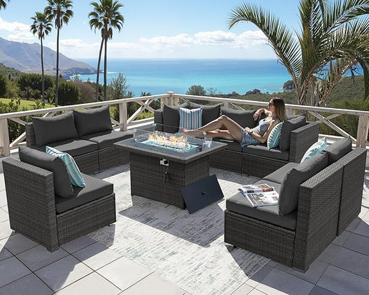NICESOUL 9 Piece Modern Outdoor Furniture Set with Fire Pit Table, 8 Seat L-Shaped Extra Large Sectional Sofa Sets, 29.3'' High Back Comfy Modular Wicker Conversations, Natural Gas & Propane, Grey