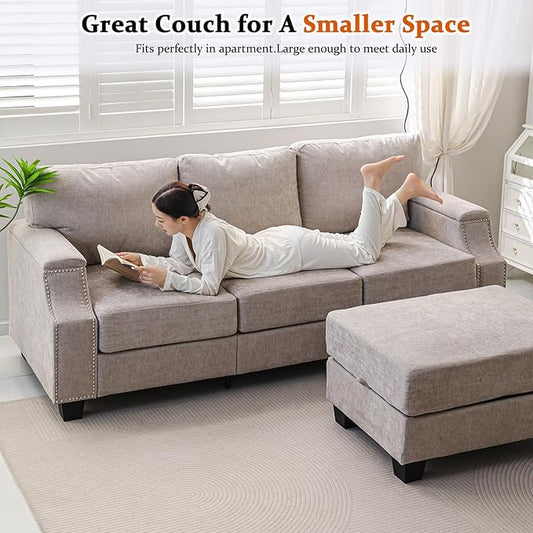 85" Sectional Couches with Storage Ottoman,L Shaped Couch with Armrest Organizer,3-Seater Sofa,Small Couch for Living Room,Apartment,Sofa Set with Oversized Chair,Chenille,Khaki